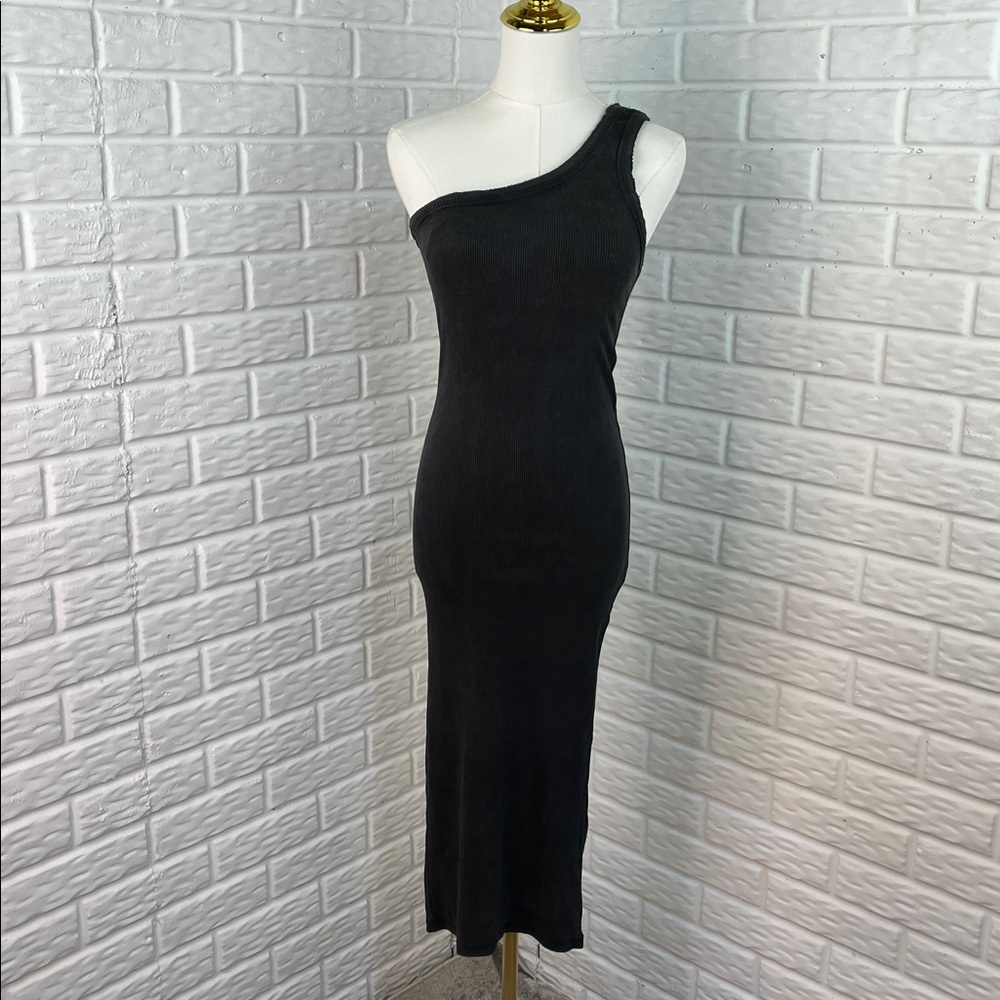 ZARA Ribbed Knit One Shoulder Body Con Dress Black Gray Wash Raw Hem size 0